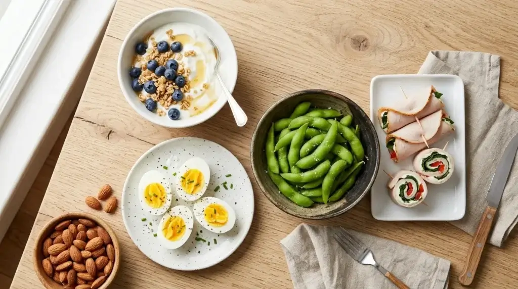 An assortment of high protein snacks including yogurt, eggs, and edamame arranged on a table