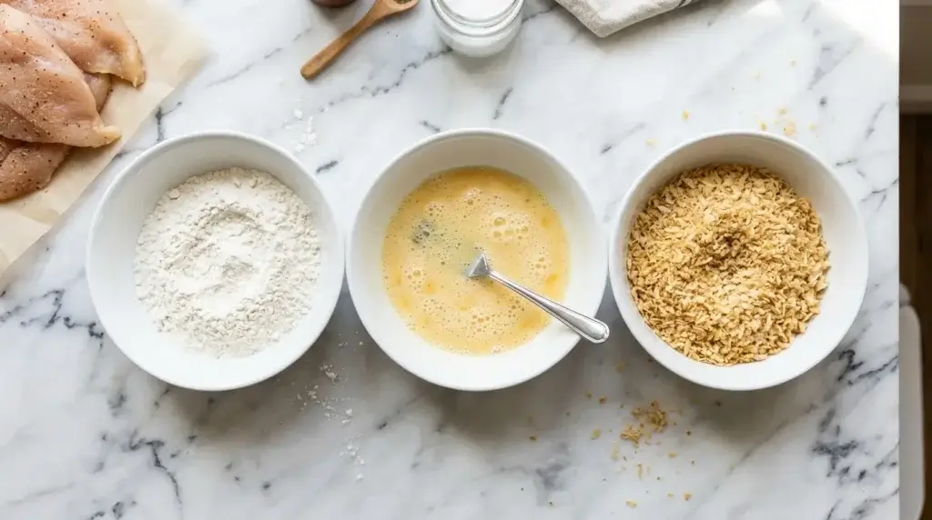 breading station with flour eggs and panko for hot honey chicken recipe