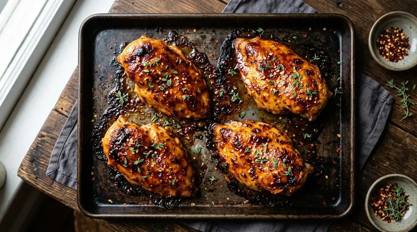 hot honey chicken recipe with crispy panko coating and caramelized glaze on baking sheet