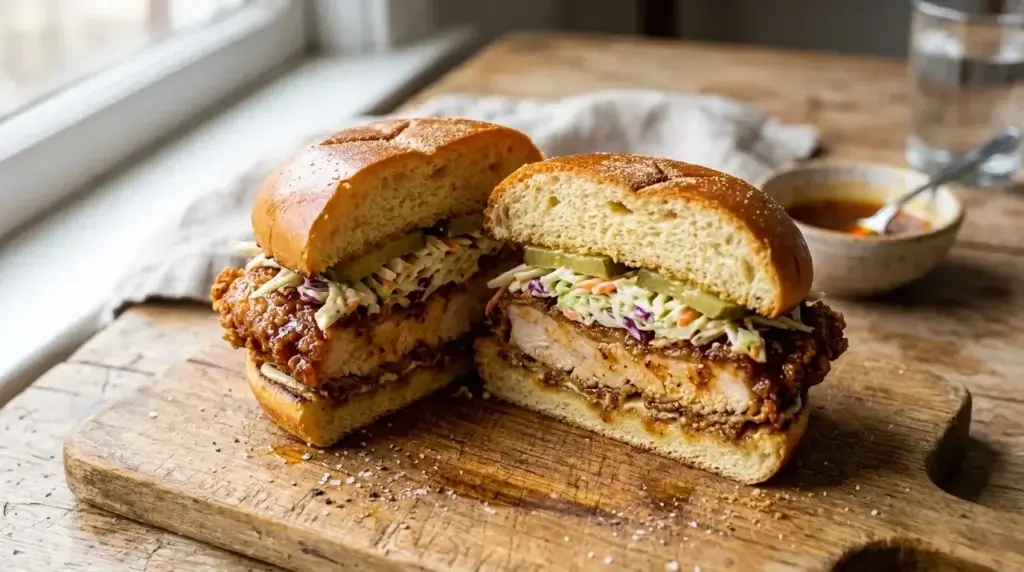 hot honey chicken sandwich on brioche bun with coleslaw and pickles
