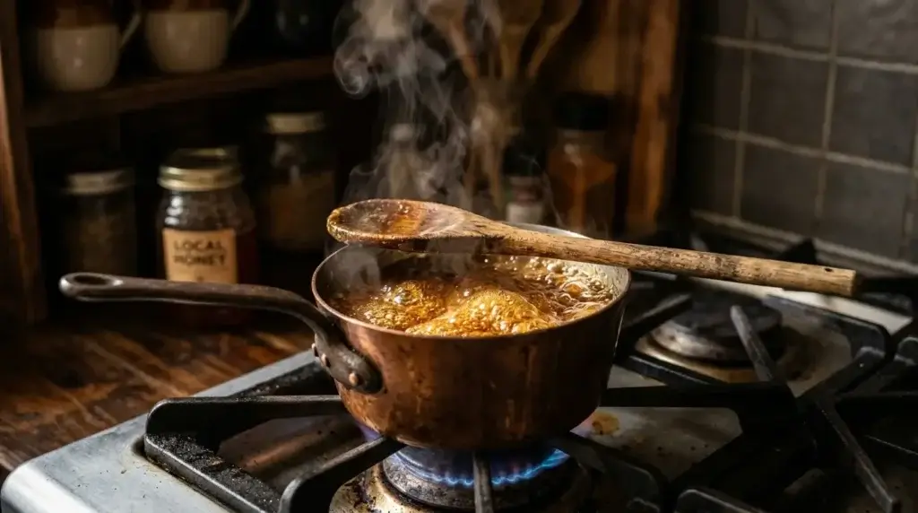 hot honey glaze recipe in saucepan with butter and red pepper flakes