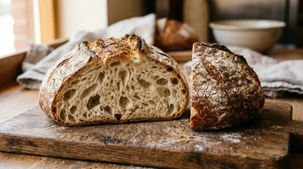A rustic sourdough boule cut open showing an airy interior crumb