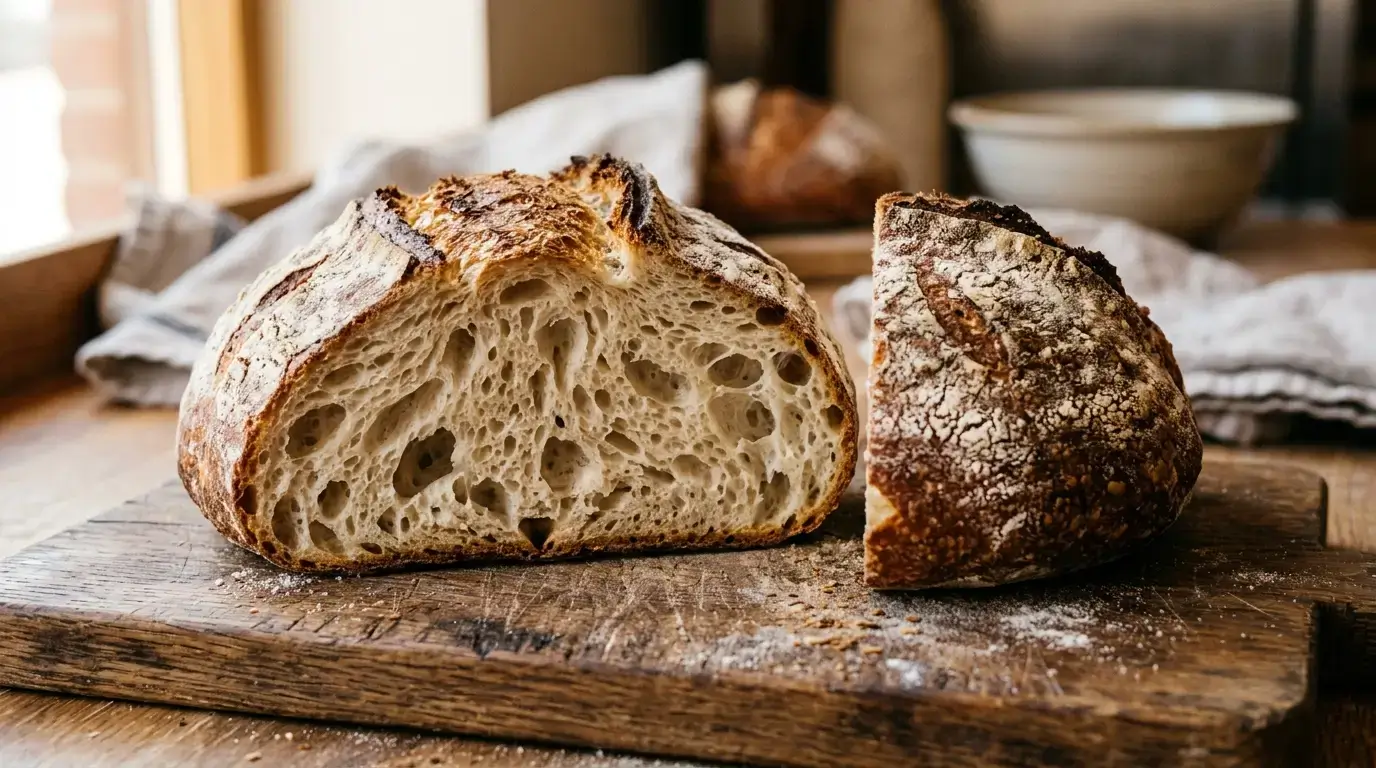 A rustic sourdough boule cut open showing an airy interior crumb
