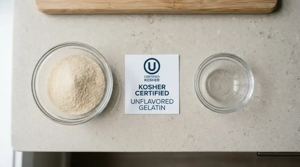 A bowl of unflavored gelatin powder on a kitchen counter