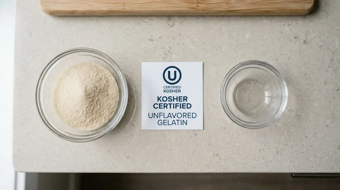 A bowl of unflavored gelatin powder on a kitchen counter