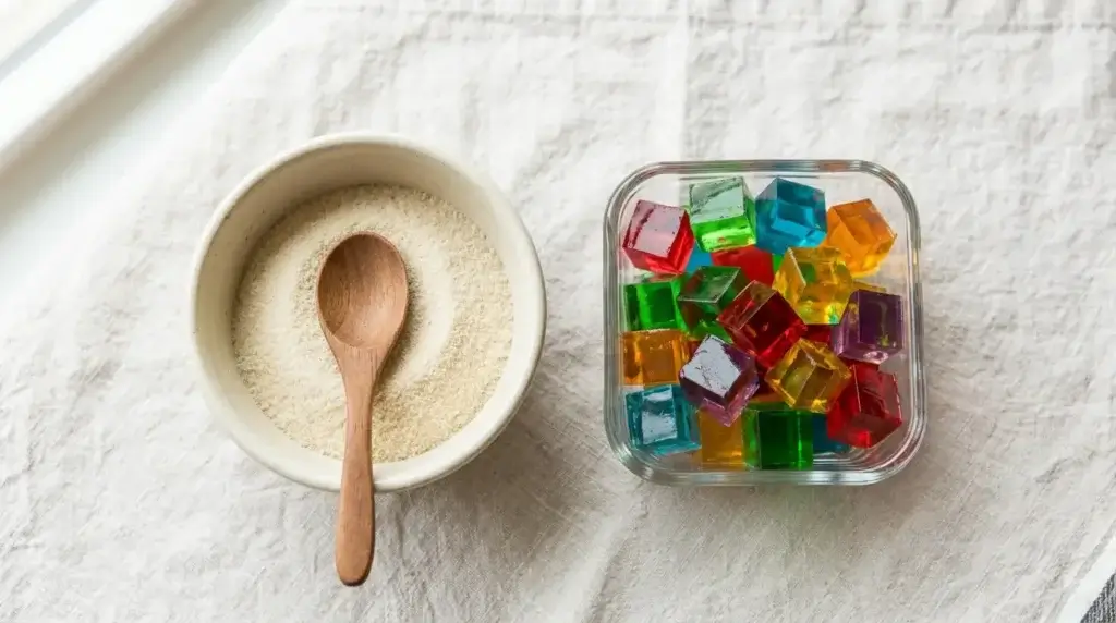 A bowl of unflavored gelatin powder next to colorful jello cubes