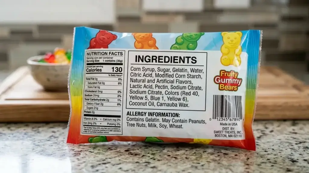 Close-up of a gummy candy bag ingredient label listing cornstarch and carnauba wax