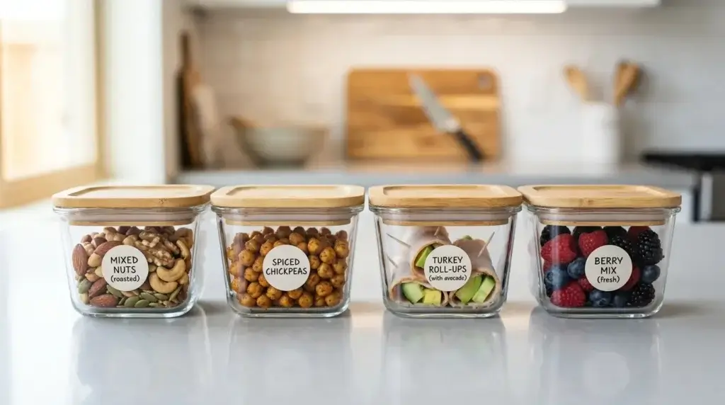 Glass meal-prep containers filled with different high protein snacks