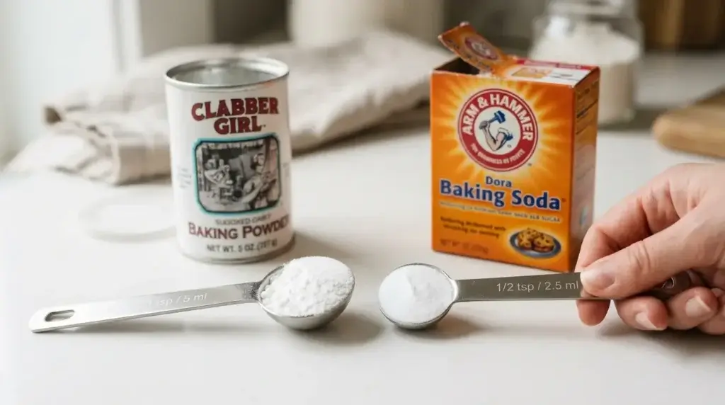 Measuring spoons with baking powder and baking soda measured out side by side