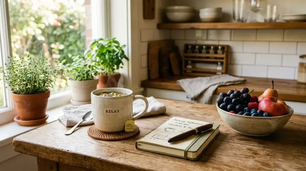 A kitchen counter with herbal tea, a notebook, and a bowl of fresh fruit