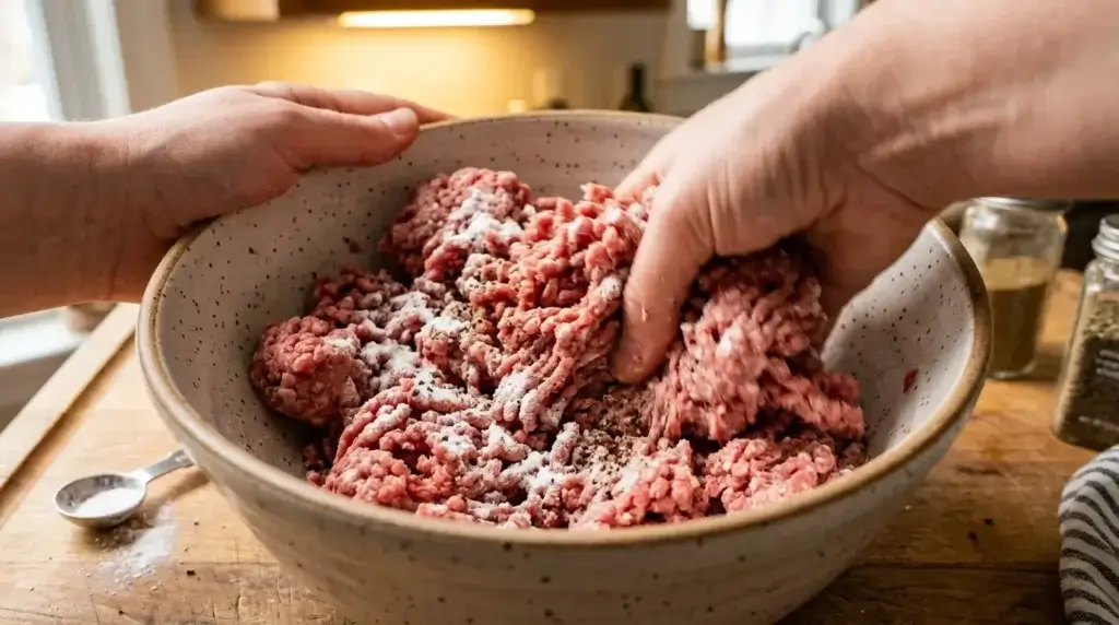 Hands mixing baking soda evenly into raw ground beef in a bowl