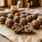 A batch of no-bake protein balls on parchment paper with one cut in half