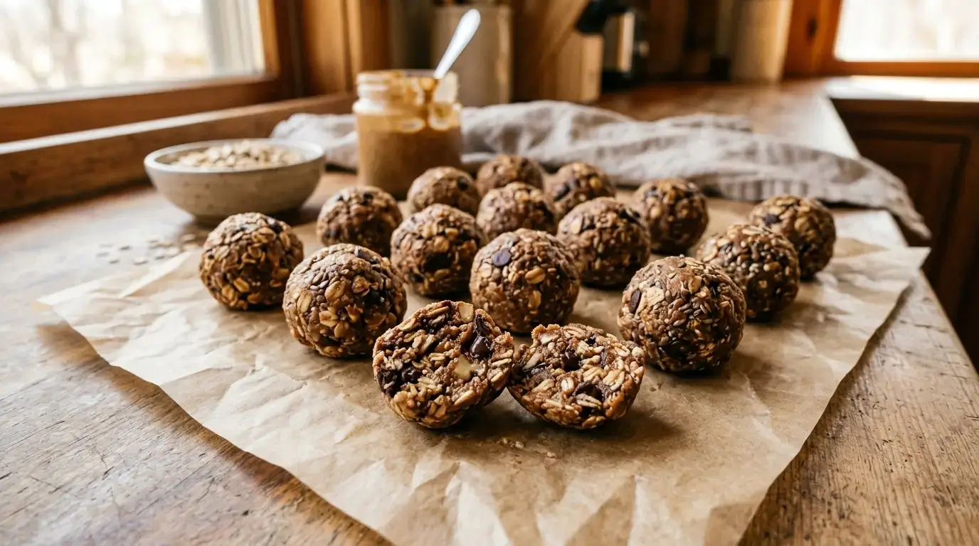 A batch of no-bake protein balls on parchment paper with one cut in half