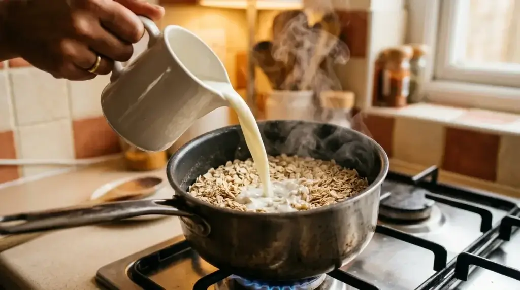 Milk being poured into a saucepan of oats on the stovetop