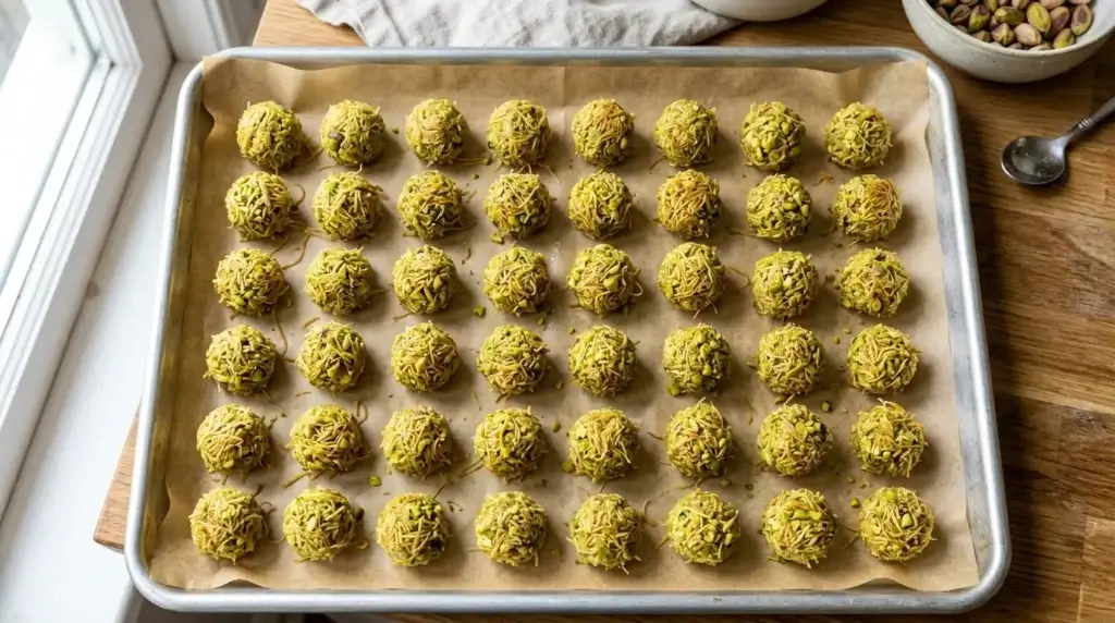Small pistachio kataifi filling balls arranged on a parchment-lined tray