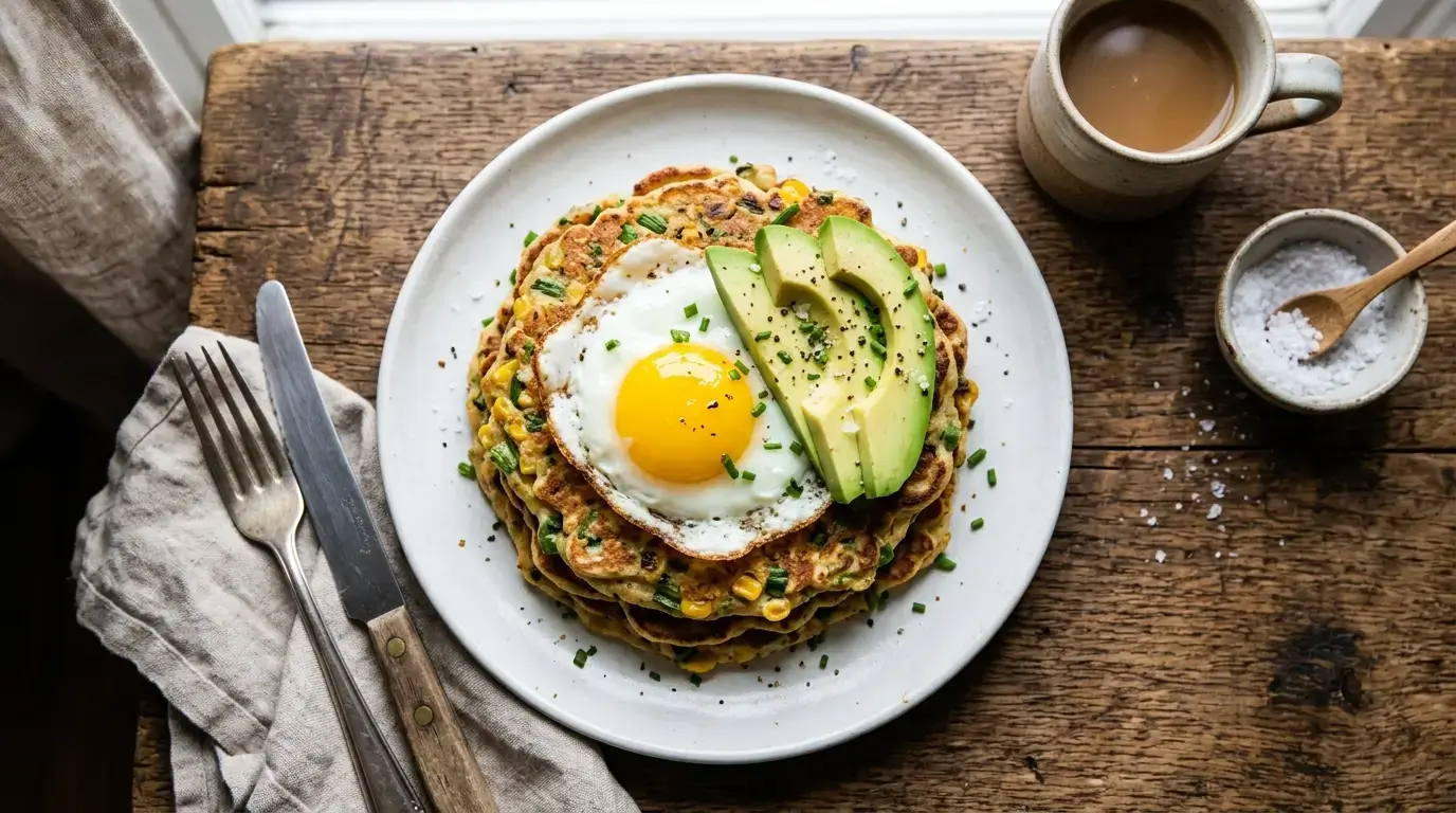 Stack of savory cottage cheese pancakes topped with a fried egg and avocado