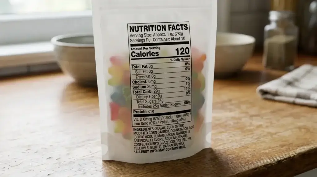 Close-up of a generic candy ingredient label listing modified corn starch