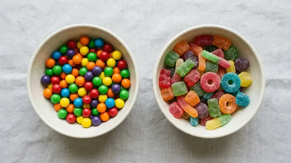 Hard-shell fruit candy next to soft gummy candy showing different textures