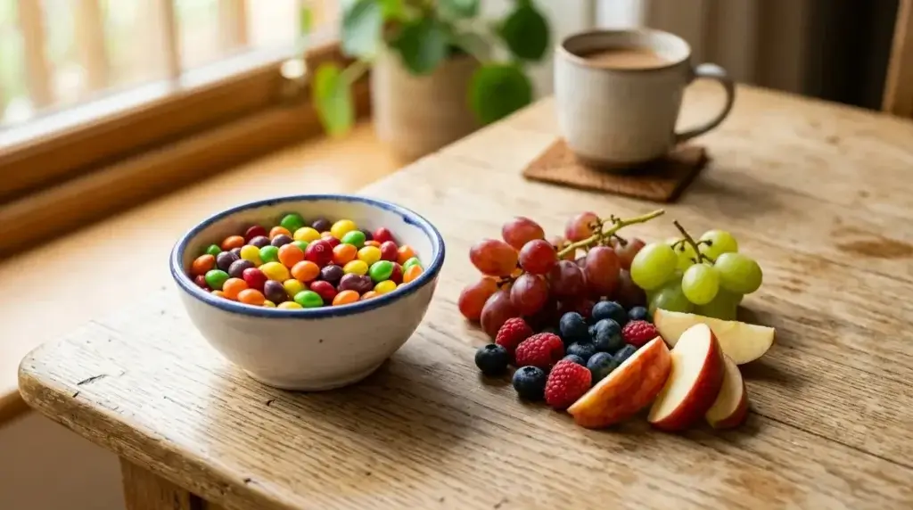 A bowl of Skittles candy next to fresh fruit on a wooden table