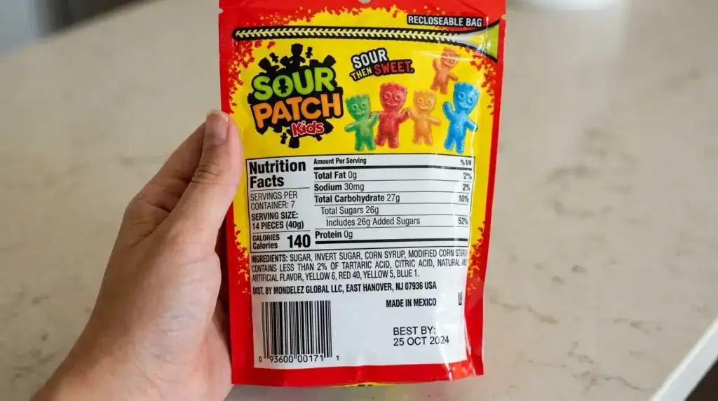 Close-up of the Sour Patch Kids ingredient list on the back of the bag