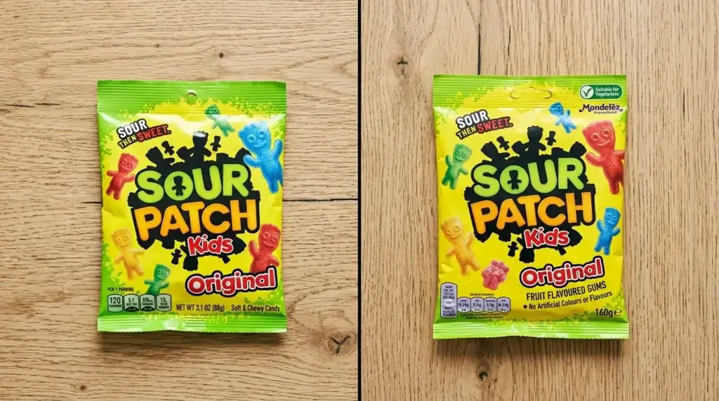 US Sour Patch Kids bag next to UK Sour Patch Kids bag showing different recipes
