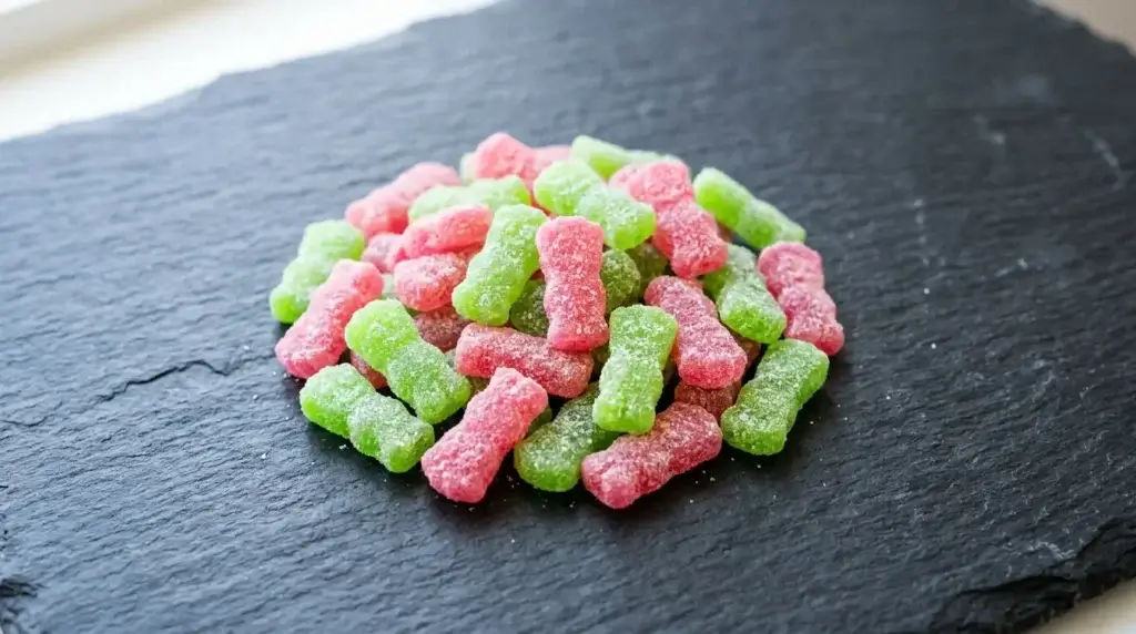 Watermelon flavored Sour Patch Kids candy pieces on a dark background