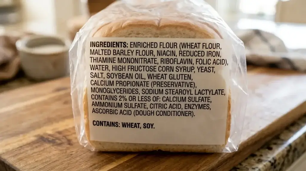 Close-up of a bread package ingredient label