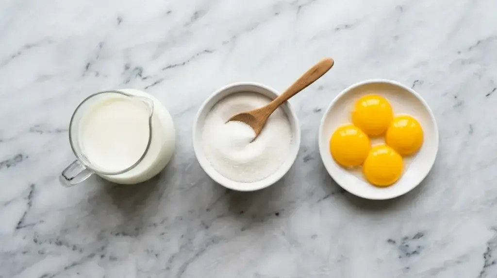 Milk, sugar, and egg yolks arranged as traditional gelato ingredients