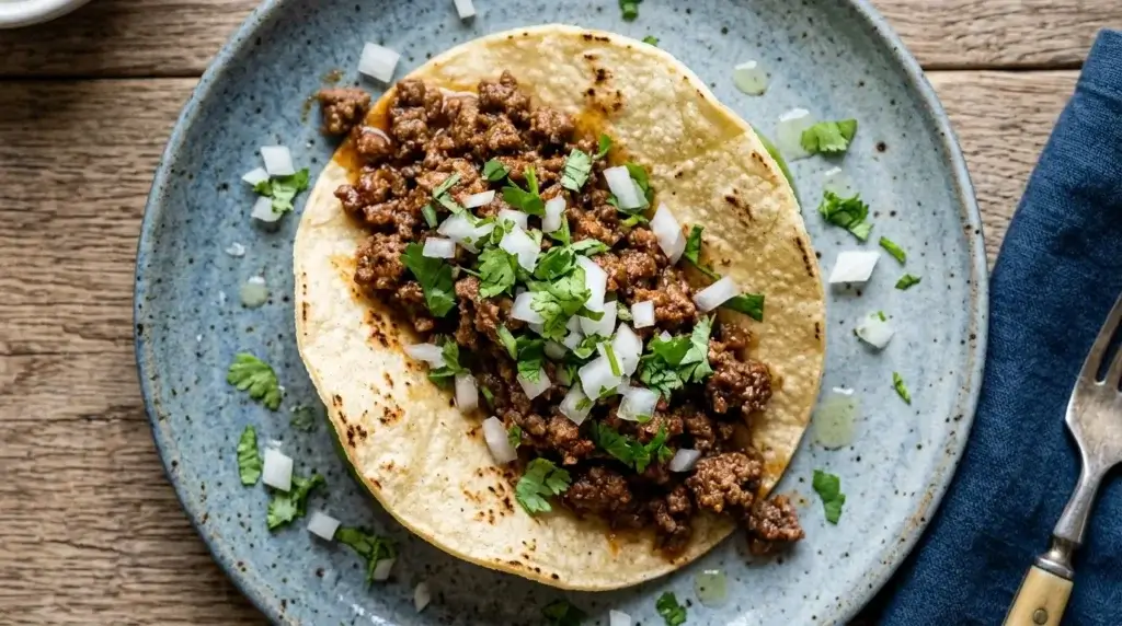 A taco filled with tender, browned ground beef, garnished with cilantro and onion