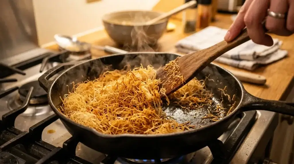 Shredded kataifi pastry being toasted golden brown in a skillet