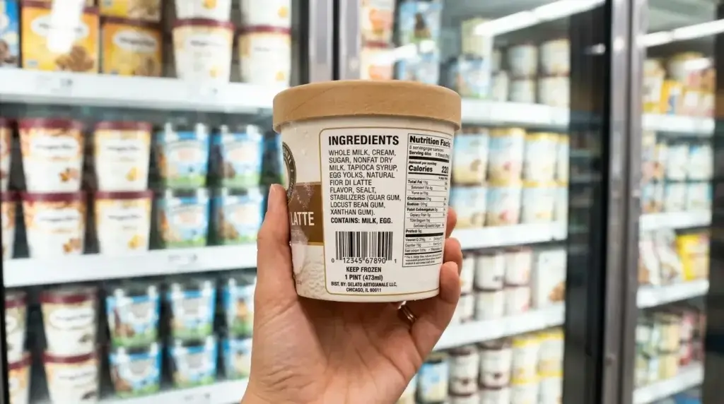 Hand holding a store-bought gelato pint showing the ingredients label