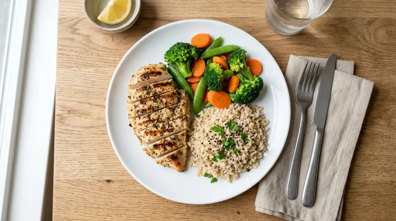 A balanced home-cooked plate with grilled chicken, vegetables, and brown rice