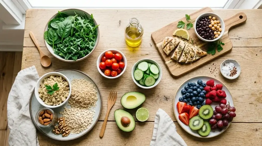 Lean protein, leafy greens, whole grains, and fruit arranged on a table
