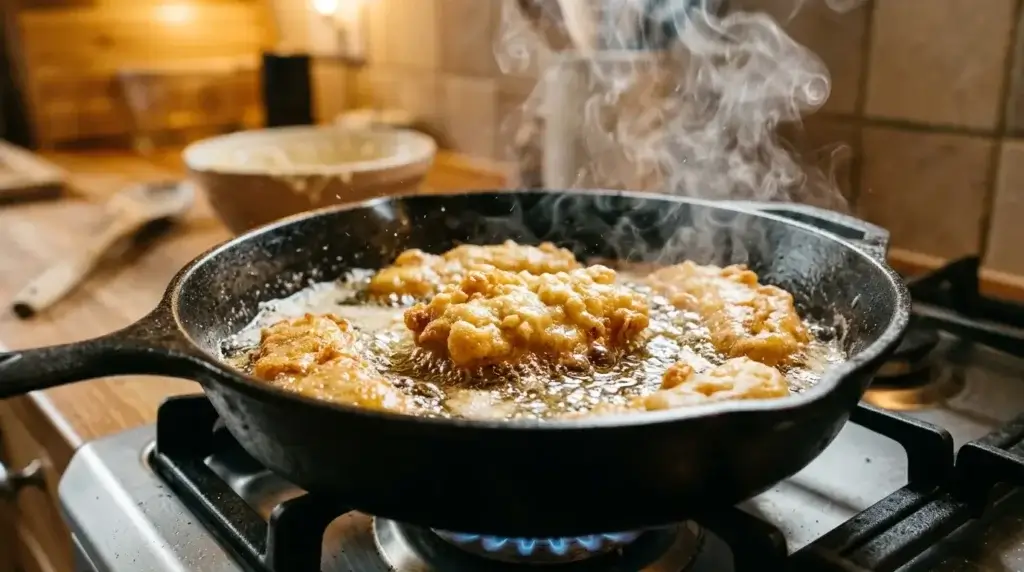 Banana fritter batter frying golden in a skillet