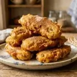 Golden-brown banana fritters stacked on a plate with a dusting of cinnamon