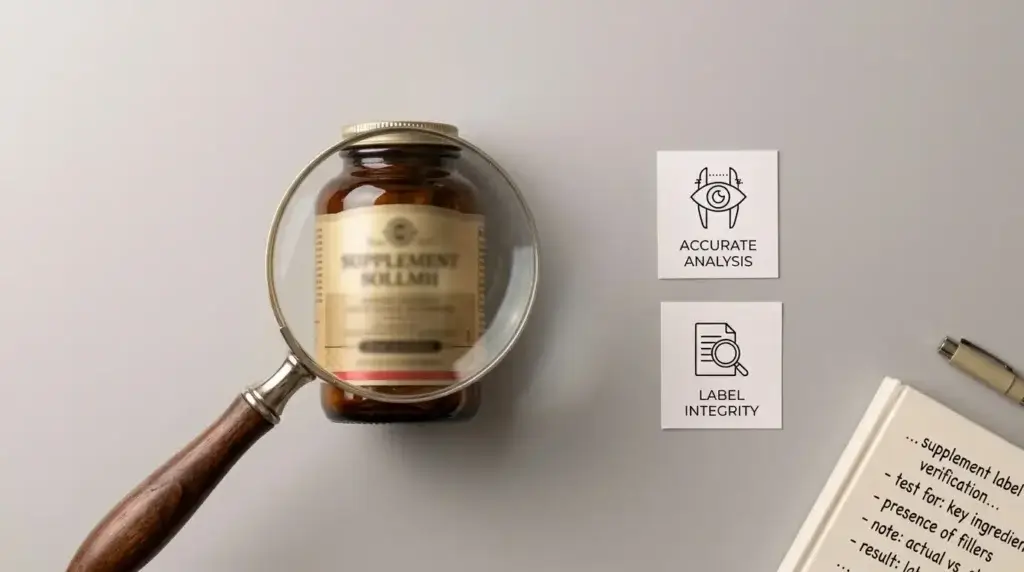 A magnifying glass over a blurred supplement bottle label