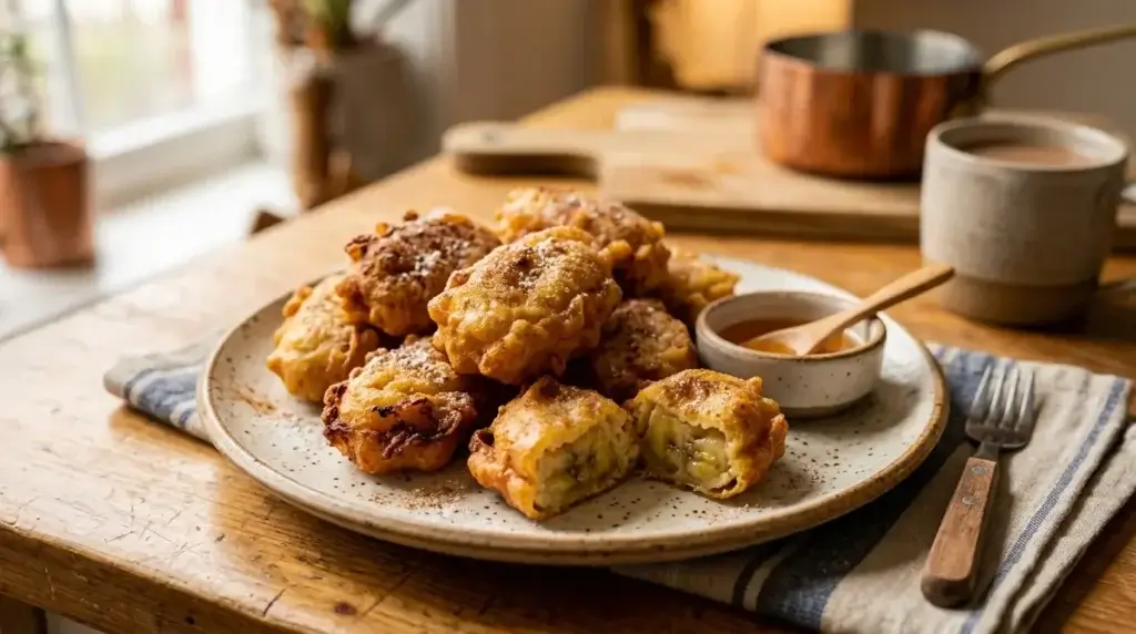 Golden fried banana fritters on a plate