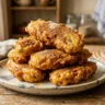 Golden-brown banana fritters stacked on a plate with a dusting of cinnamon