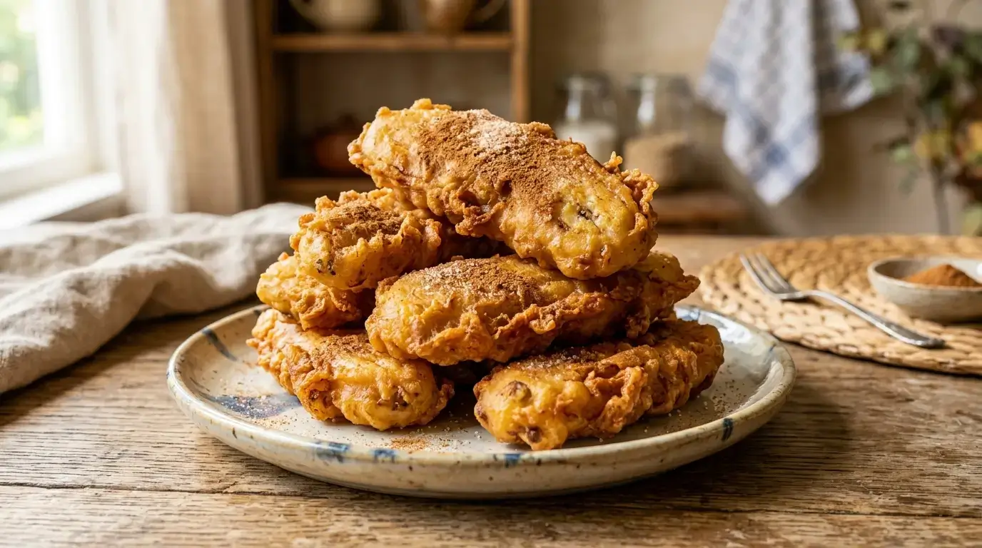 Golden-brown banana fritters stacked on a plate with a dusting of cinnamon