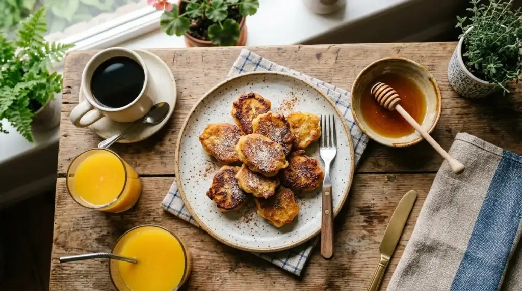 Banana fritters served on a plate next to a small bowl of honey