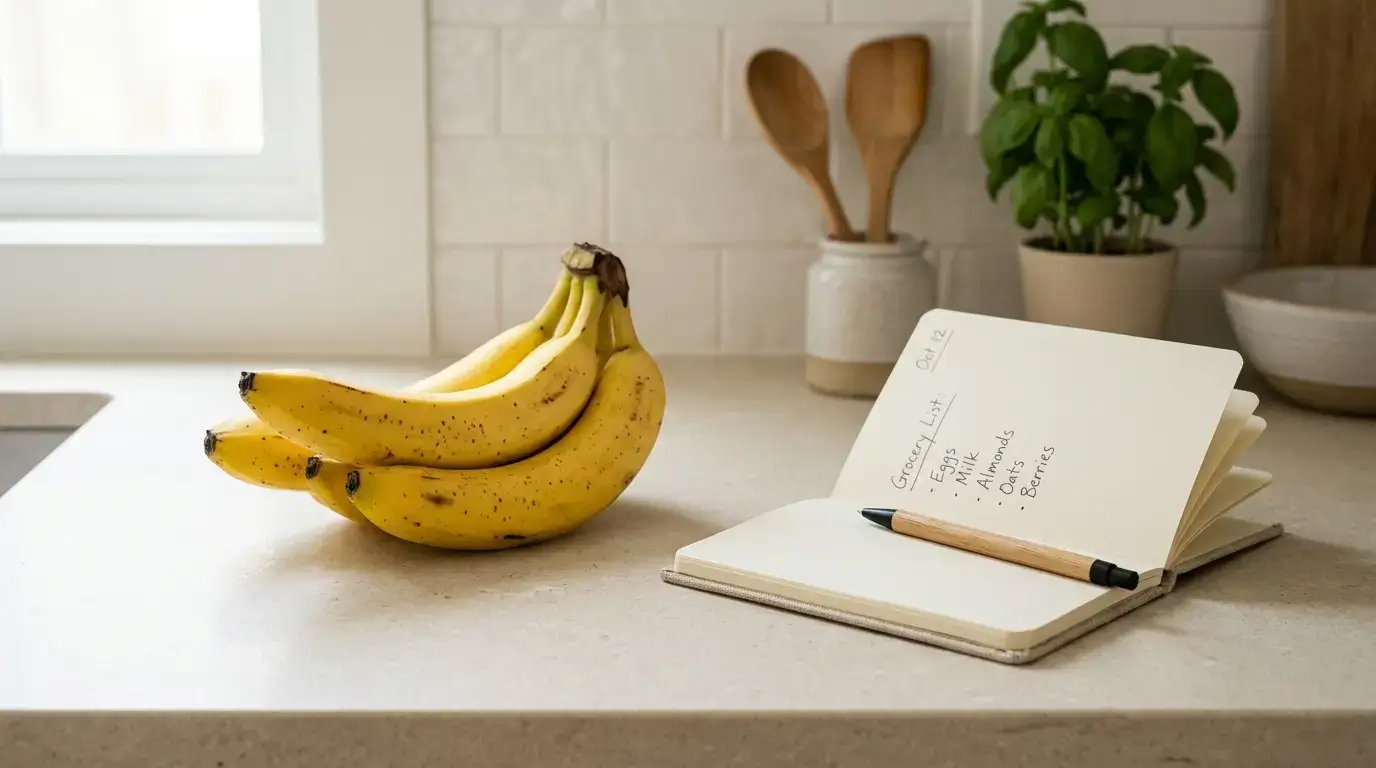 Ripe bananas on a kitchen counter next to a notepad