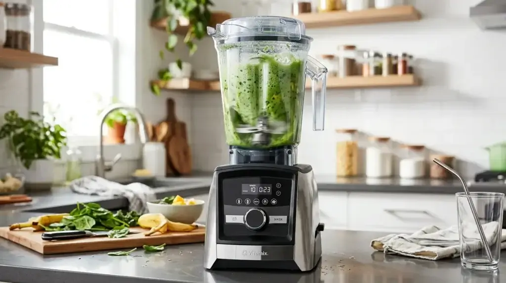 A blender mid-blend with green smoothie ingredients swirling