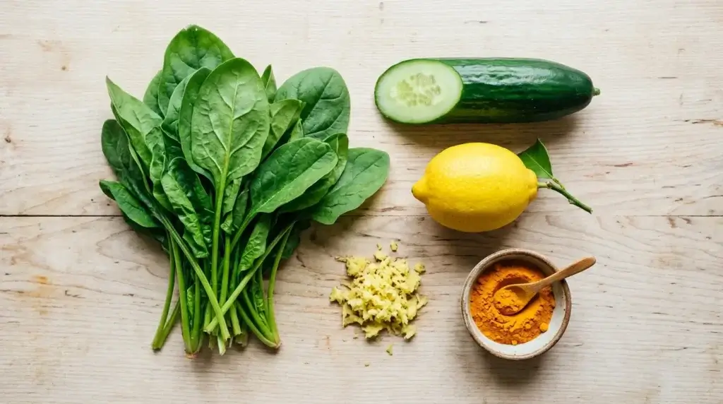 Fresh spinach, cucumber, ginger, turmeric, and lemon arranged on a wooden surface