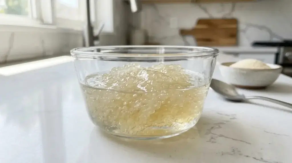 Gelatin powder blooming in a small glass bowl of water