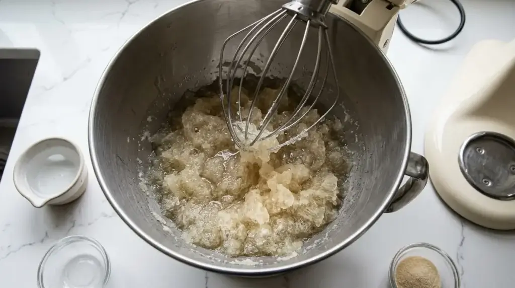 Gelatin powder blooming in a stand mixer bowl with water
