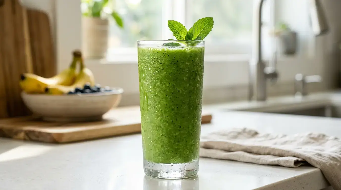A vibrant green smoothie in a tall glass with condensation, garnished with mint