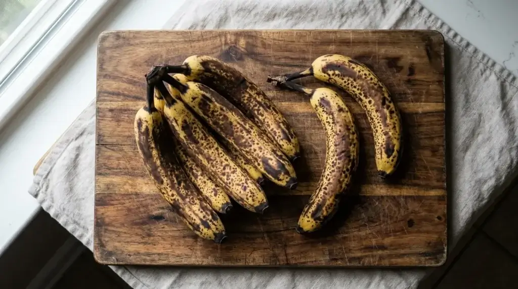 Several very ripe, heavily spotted bananas on a wooden cutting board