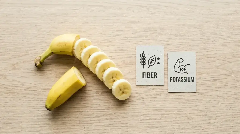 A sliced banana next to visual representations of fiber and potassium content