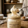 Glossy honey marshmallow fluff in a glass jar with a spoon showing stiff peaks