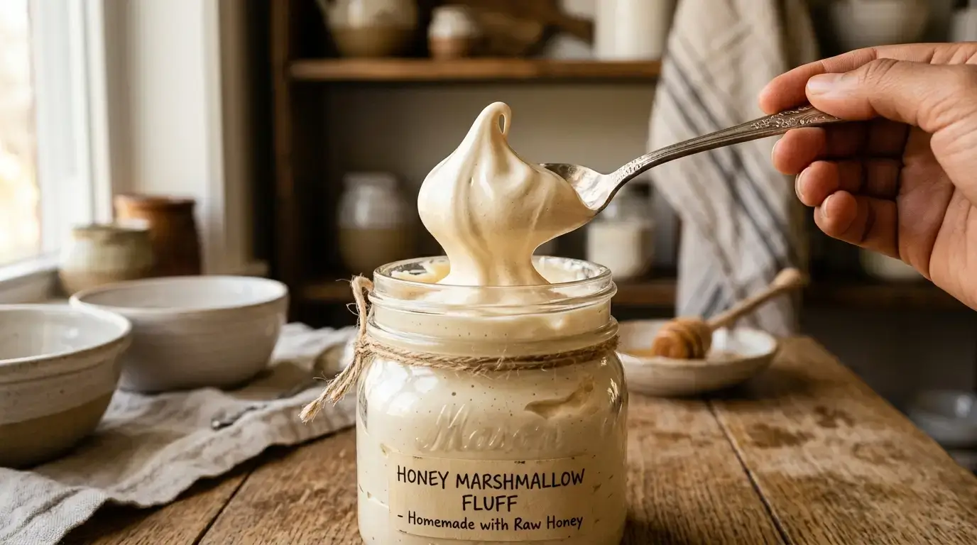 Glossy honey marshmallow fluff in a glass jar with a spoon showing stiff peaks